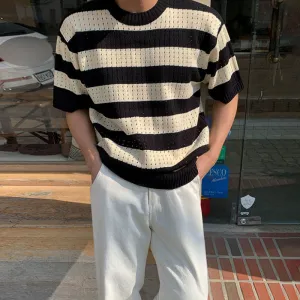 Round neck short-sleeved striped T-shirt