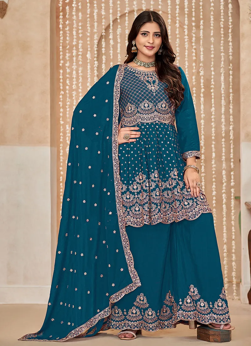 Royal Blue Multi Embroidered Anarkali Gharara Suit