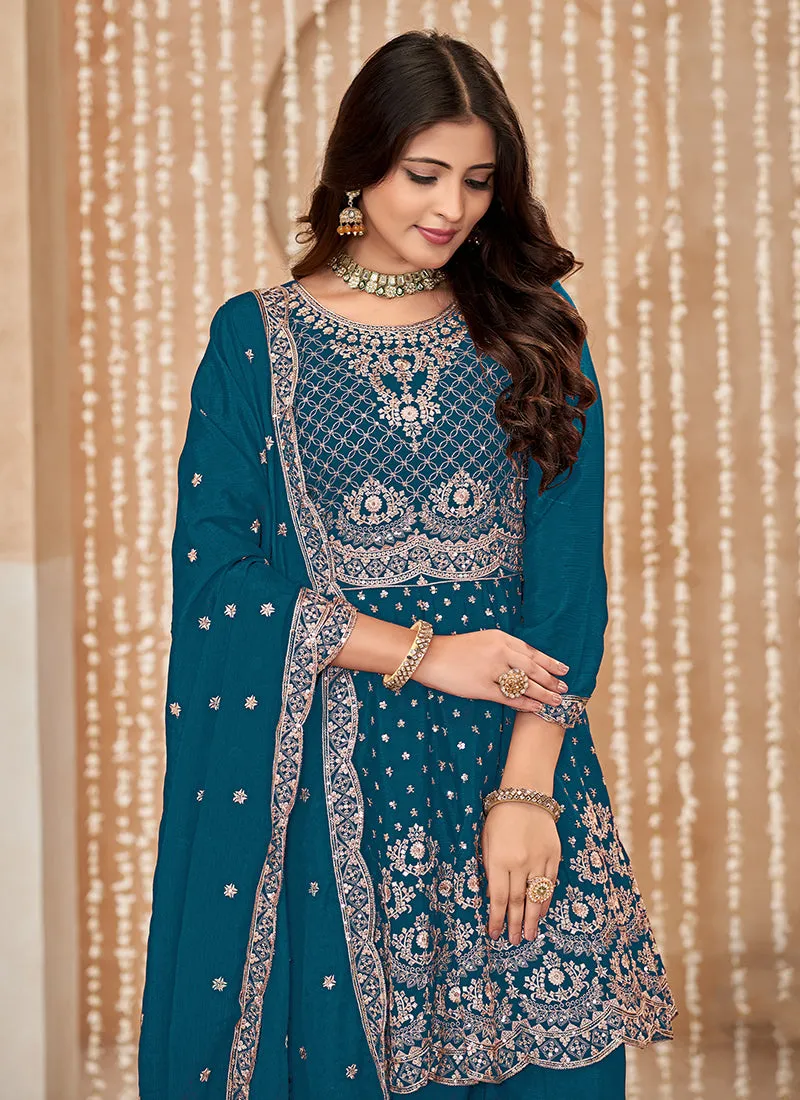 Royal Blue Multi Embroidered Anarkali Gharara Suit