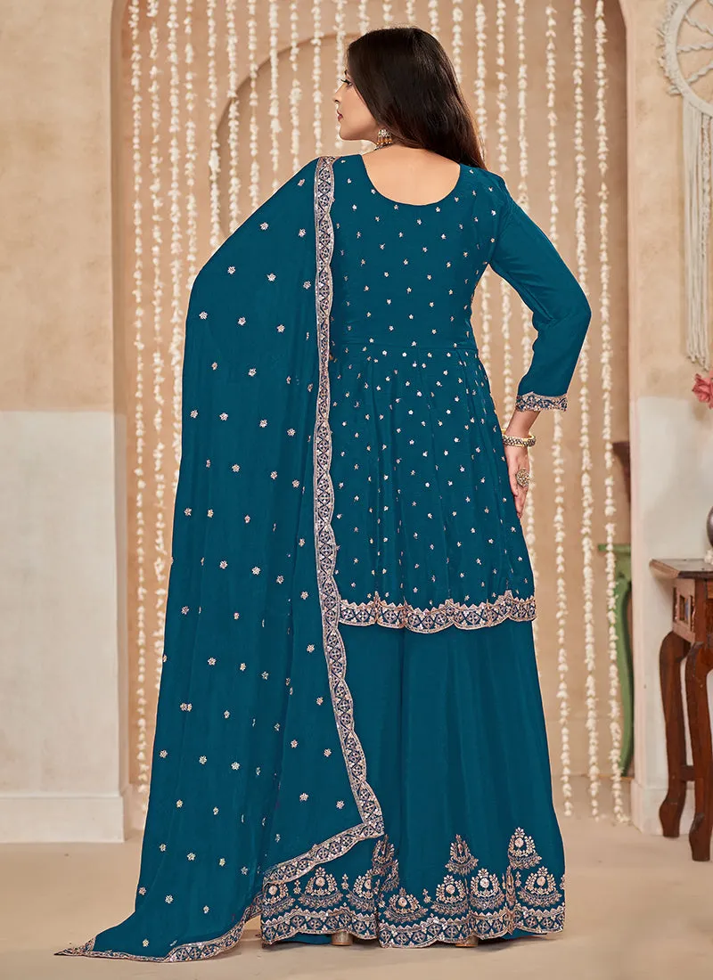 Royal Blue Multi Embroidered Anarkali Gharara Suit