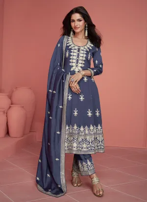 Royal Blue Thread Embroidery Anarkali Pant Suit