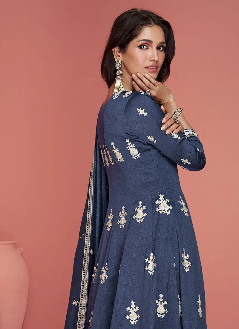 Royal Blue Thread Embroidery Anarkali Pant Suit