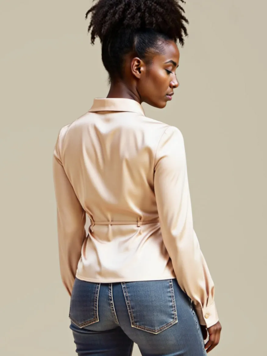 Satin Tie Waist Button Down Shirt