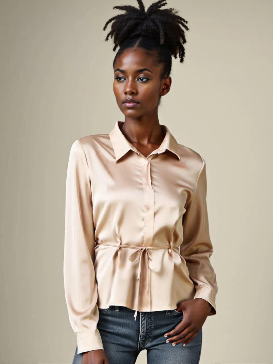 Satin Tie Waist Button Down Shirt