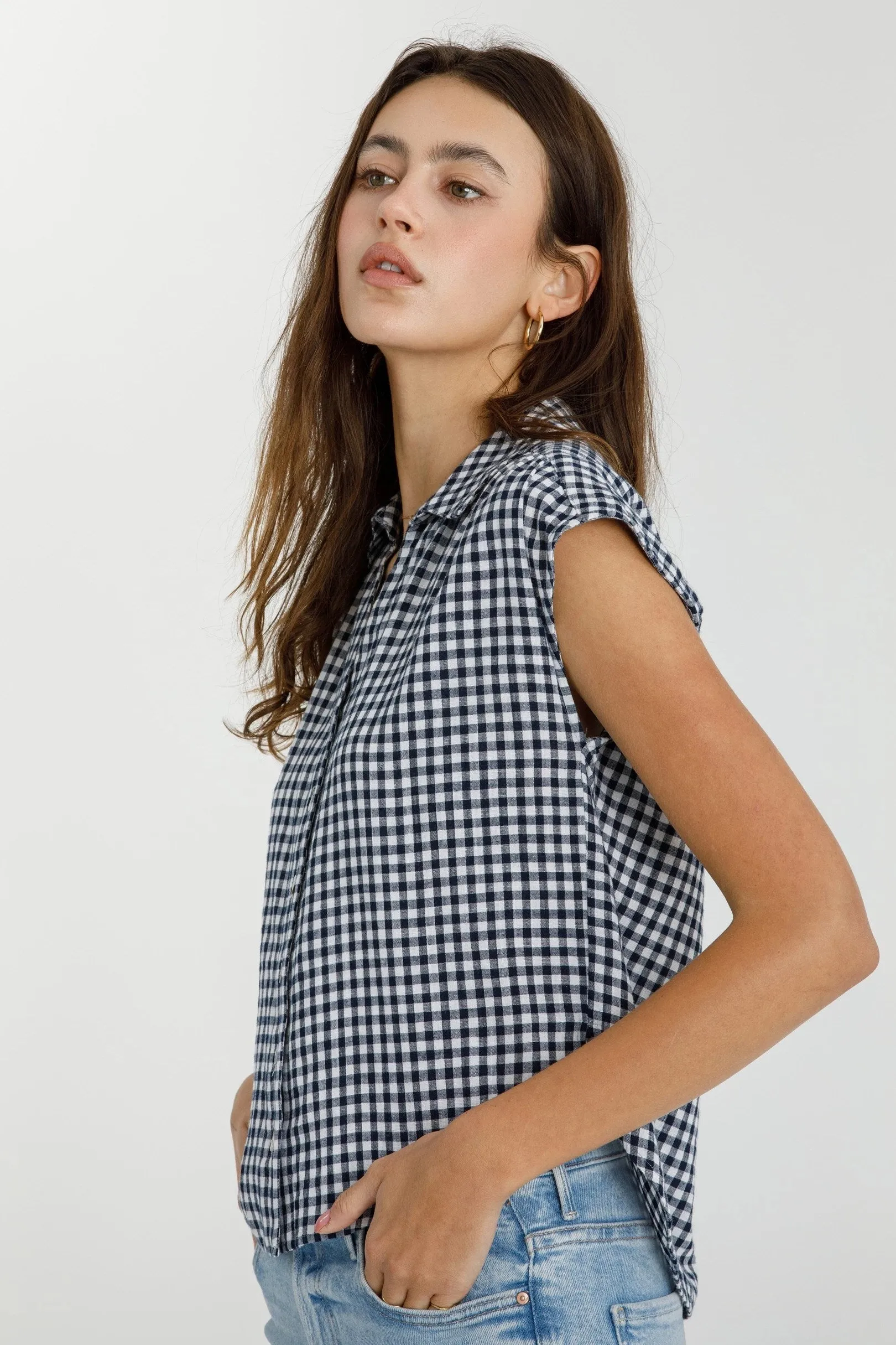 Sawyer Boxy Cropped Gingham Button Up Top-Navy