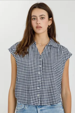 Sawyer Boxy Cropped Gingham Button Up Top-Navy