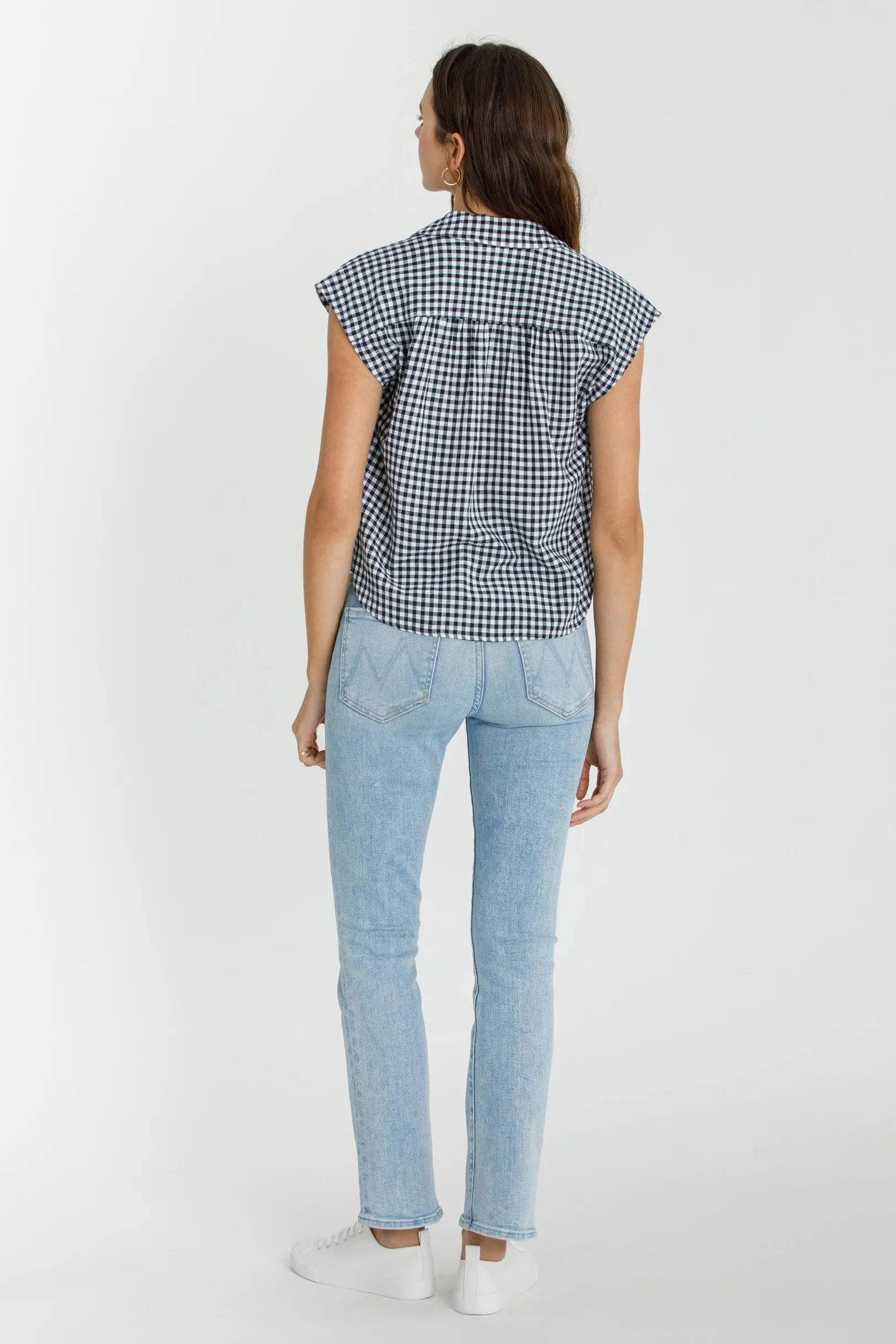 Sawyer Boxy Cropped Gingham Button Up Top-Navy
