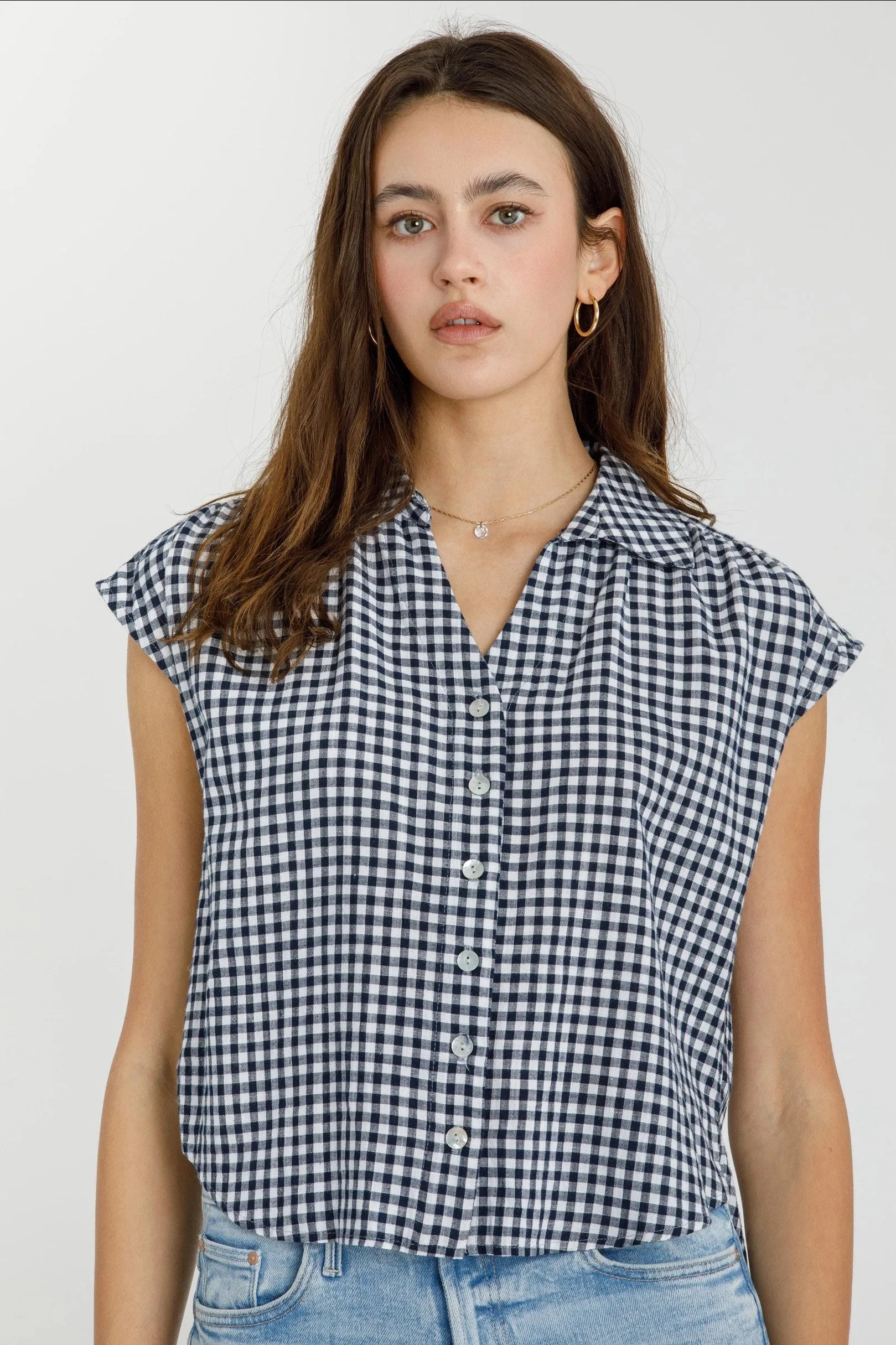 Sawyer Boxy Cropped Gingham Button Up Top-Navy
