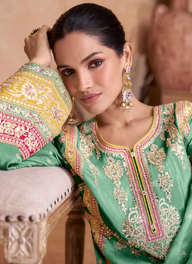 Sea Green Multi Embroidered Wedding Palazzo Suit