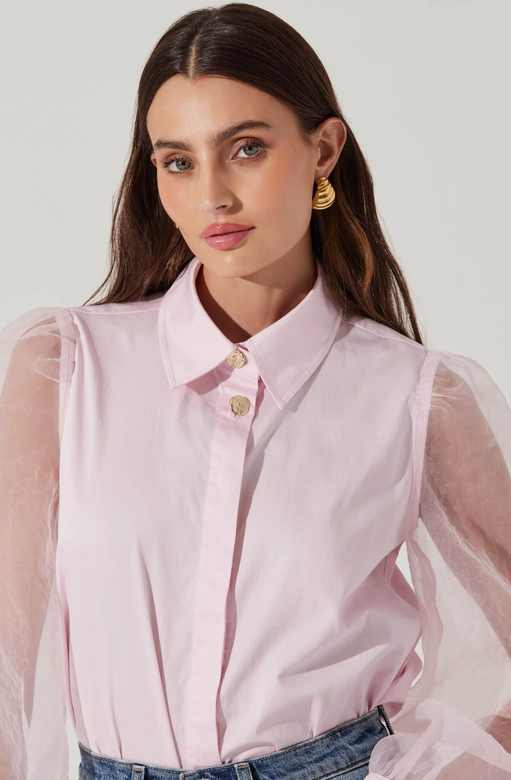 Sheer Sleeve Button Up Shirt