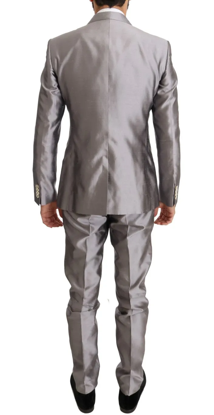 Silver Silk Double Breasted 3 Piece Suit