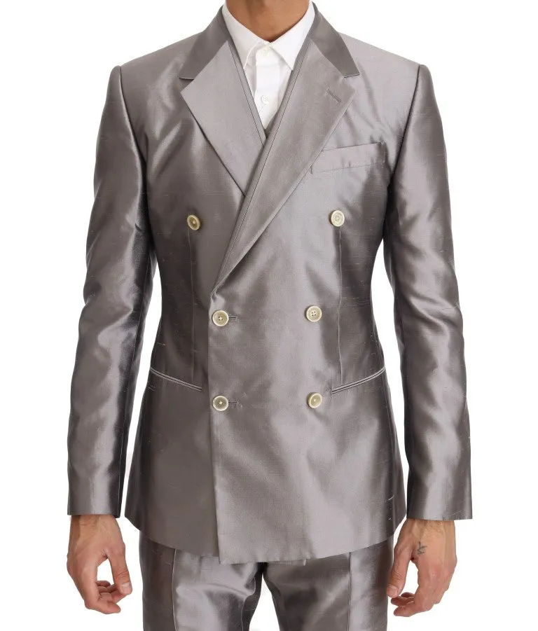 Silver Silk Double Breasted 3 Piece Suit