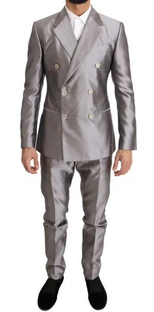 Silver Silk Double Breasted 3 Piece Suit