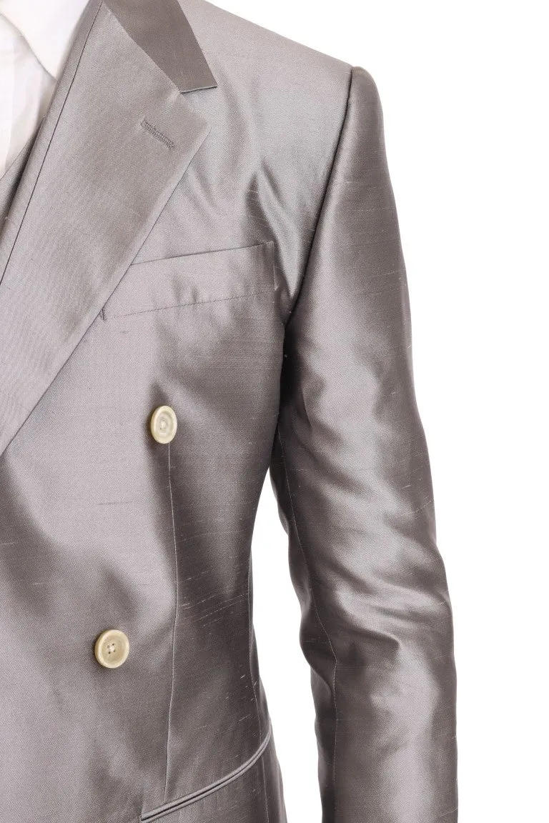 Silver Silk Double Breasted 3 Piece Suit