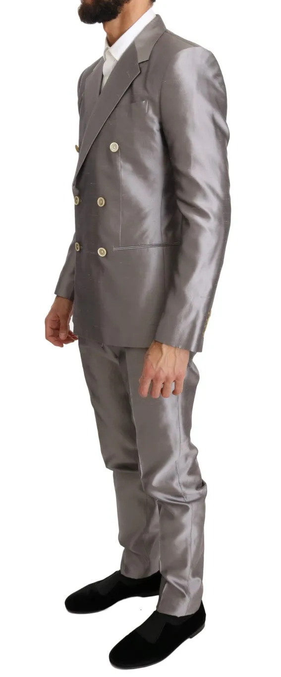 Silver Silk Double Breasted 3 Piece Suit