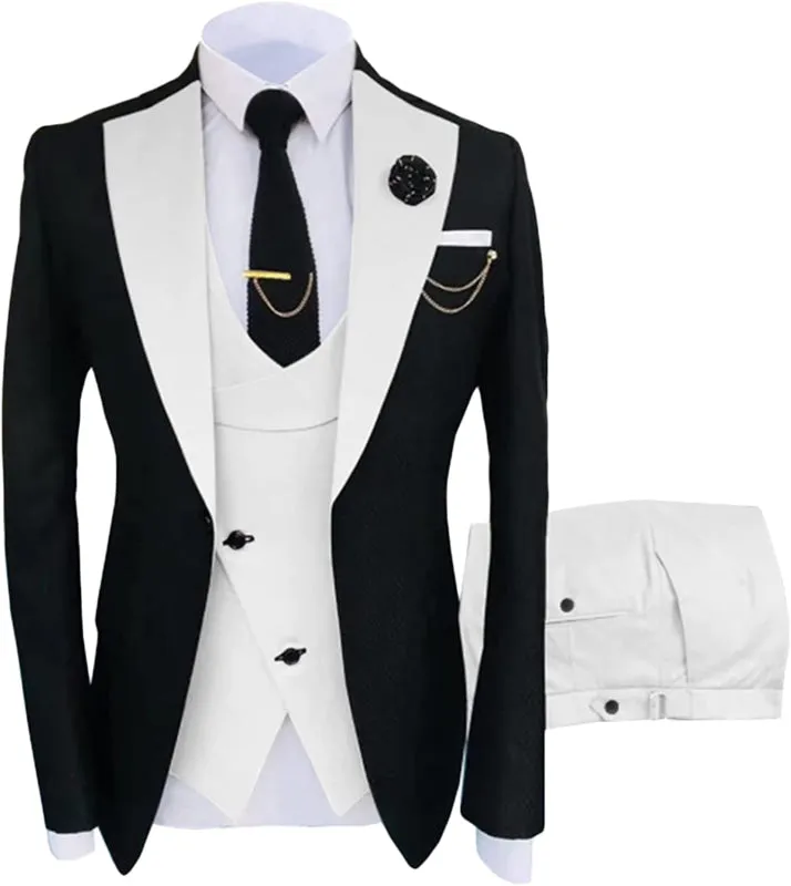 Simple White Shawl Lapel Three Pieces Black Prom Suits One Button Wedding Groom Suits