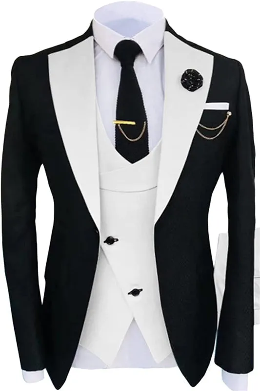 Simple White Shawl Lapel Three Pieces Black Prom Suits One Button Wedding Groom Suits
