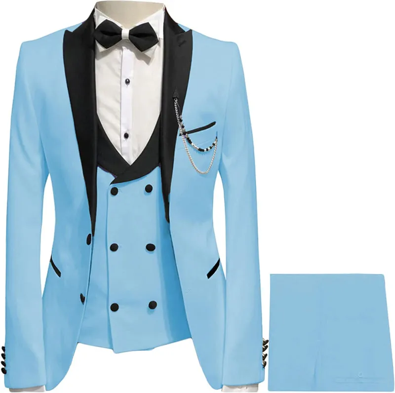 Sky Blue Slim Fit Three Pieces Prom Suits Black Peaked Lapel Wedding Suits