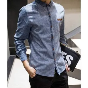 Slim Fit Turn-down Collar PU Leather Spliced Special Button Fly Full Sleeves Men's Pinstripe Shirt - Blue L