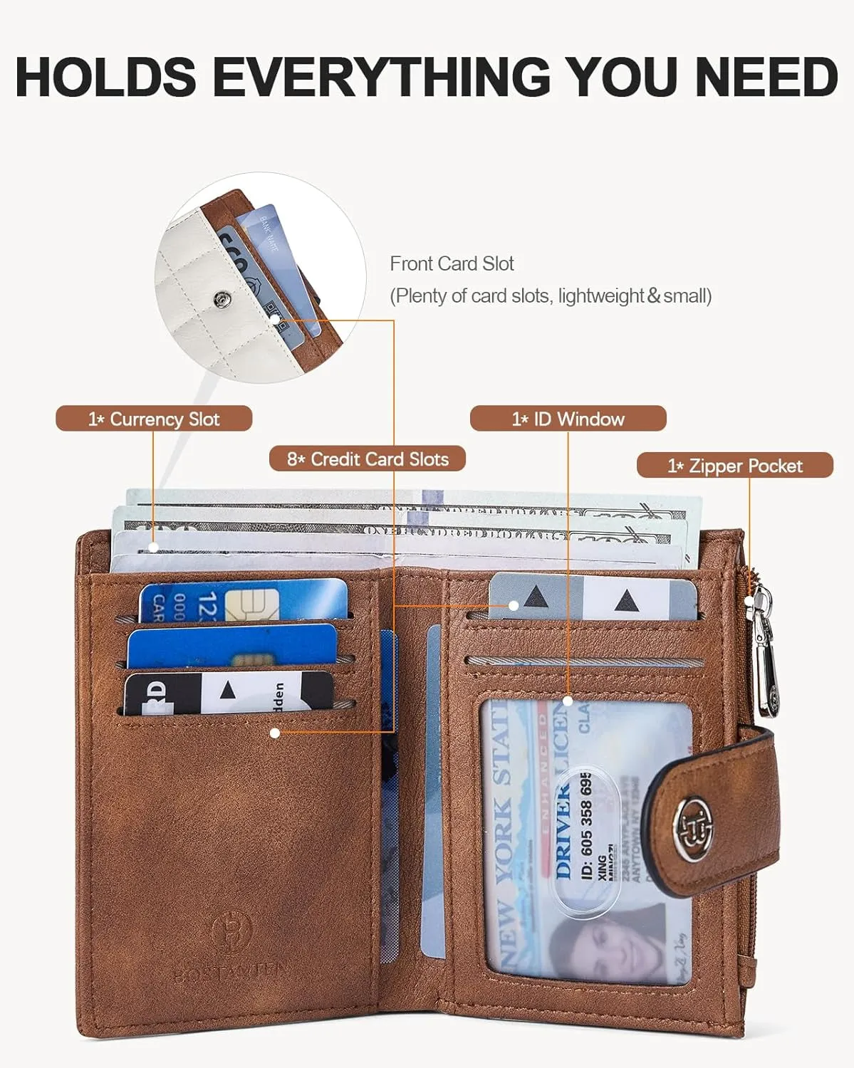 Small Leather Bifold Wallets With Zipper Coin Pocket