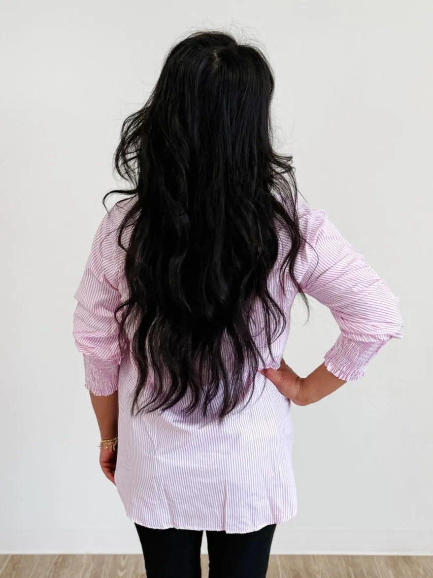 Smocked Cuff Stripe Boyfriend Top in Pink