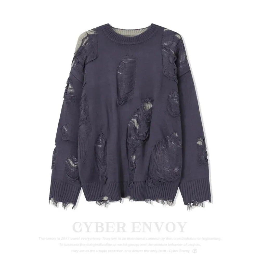 Street Solid Color Ripped Sweater