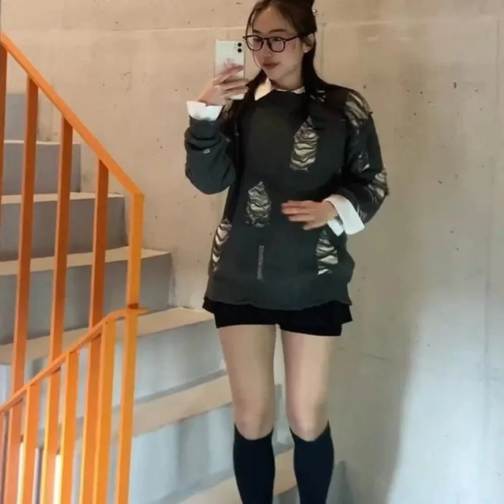 Street Solid Color Ripped Sweater