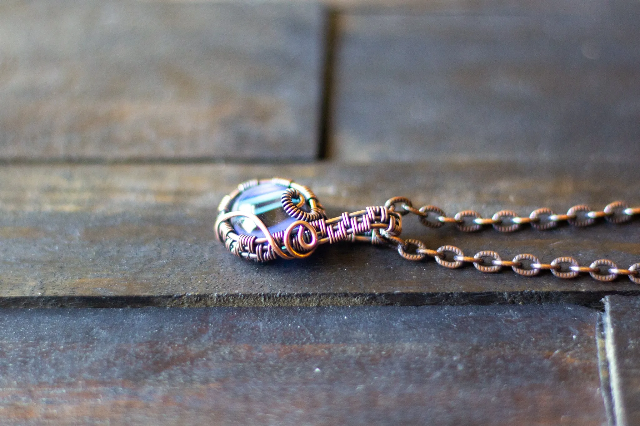 Striped Blue and Green Fused Glass Mini Pendant with Copper Wire Wrapping