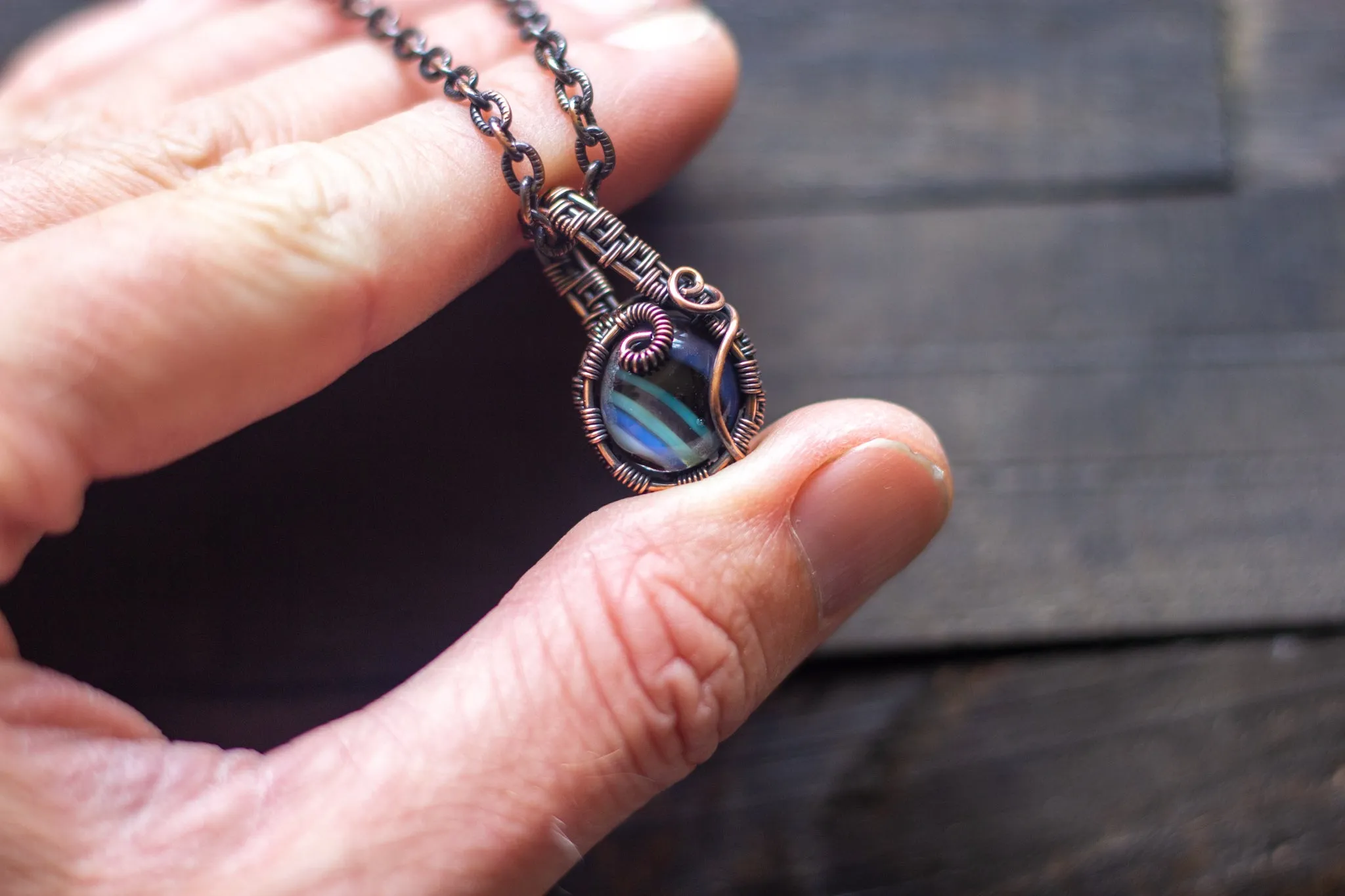 Striped Blue and Green Fused Glass Mini Pendant with Copper Wire Wrapping
