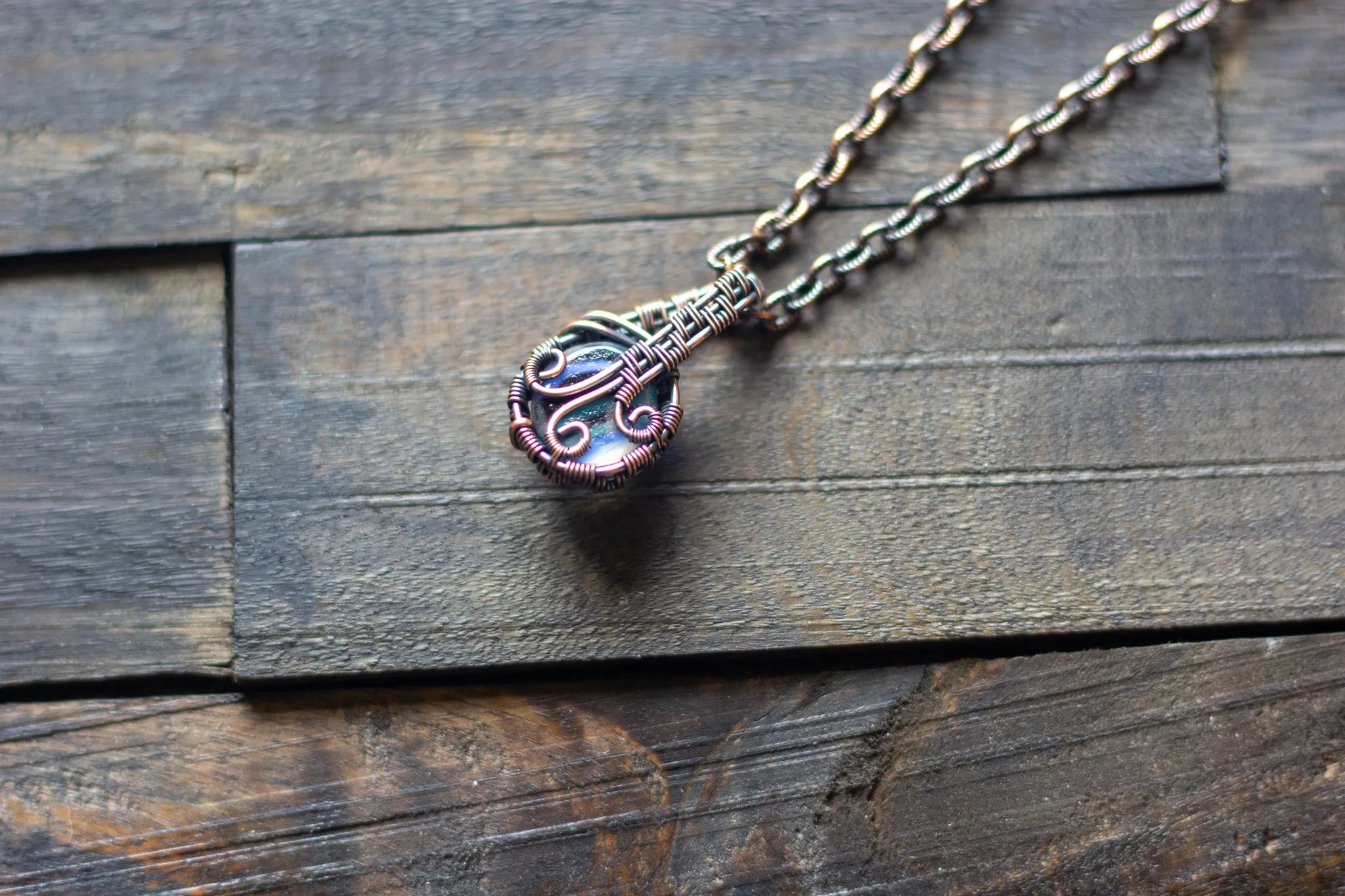 Striped Blue and Green Fused Glass Mini Pendant with Copper Wire Wrapping