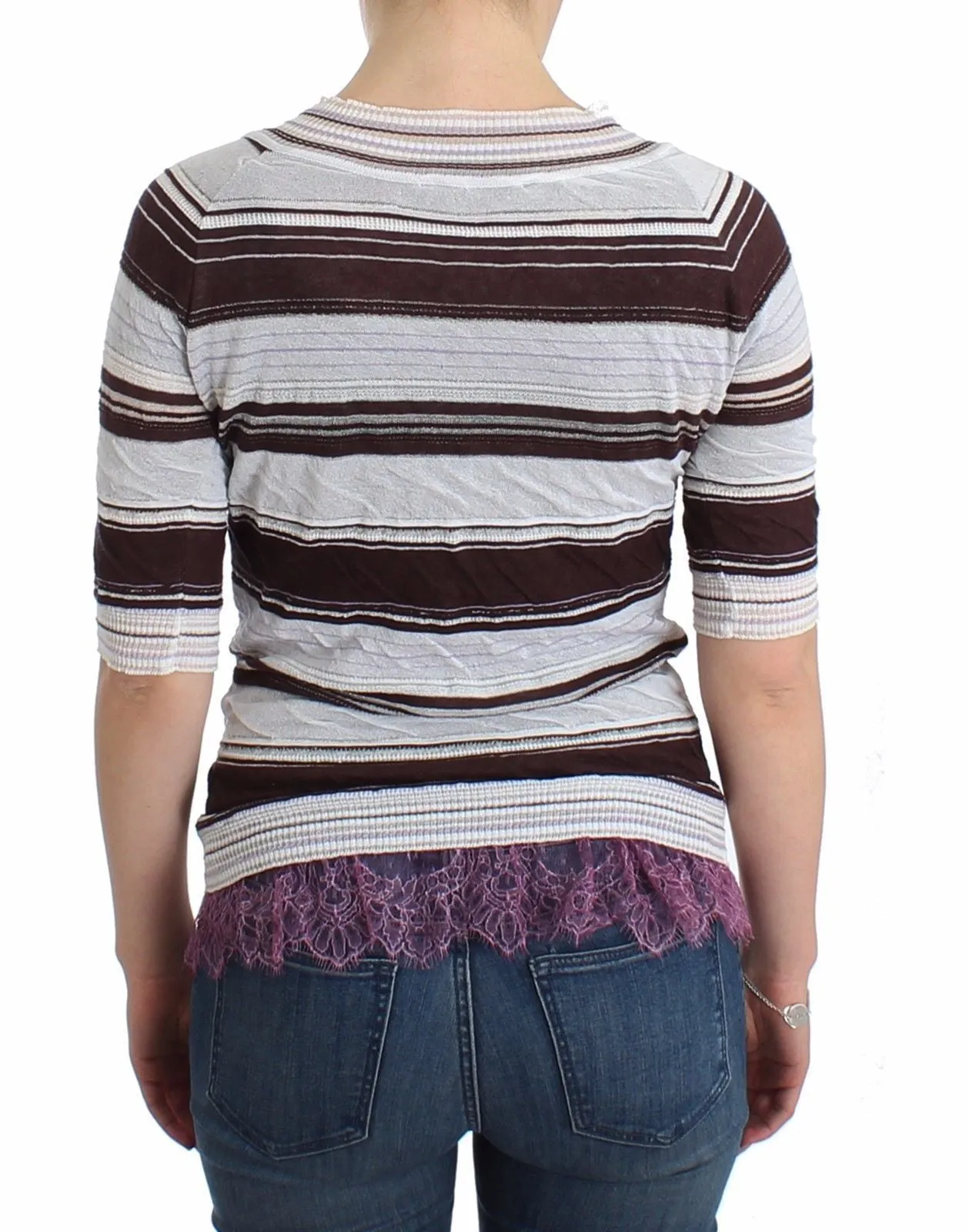Striped Lace V-Neck Short Sleeve Top Sweater