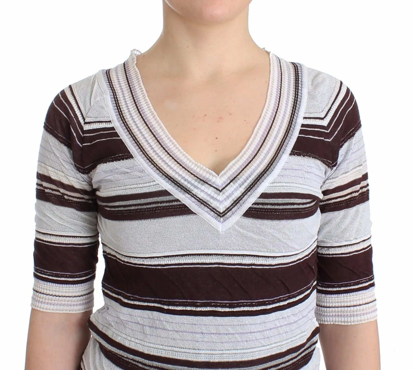 Striped Lace V-Neck Short Sleeve Top Sweater