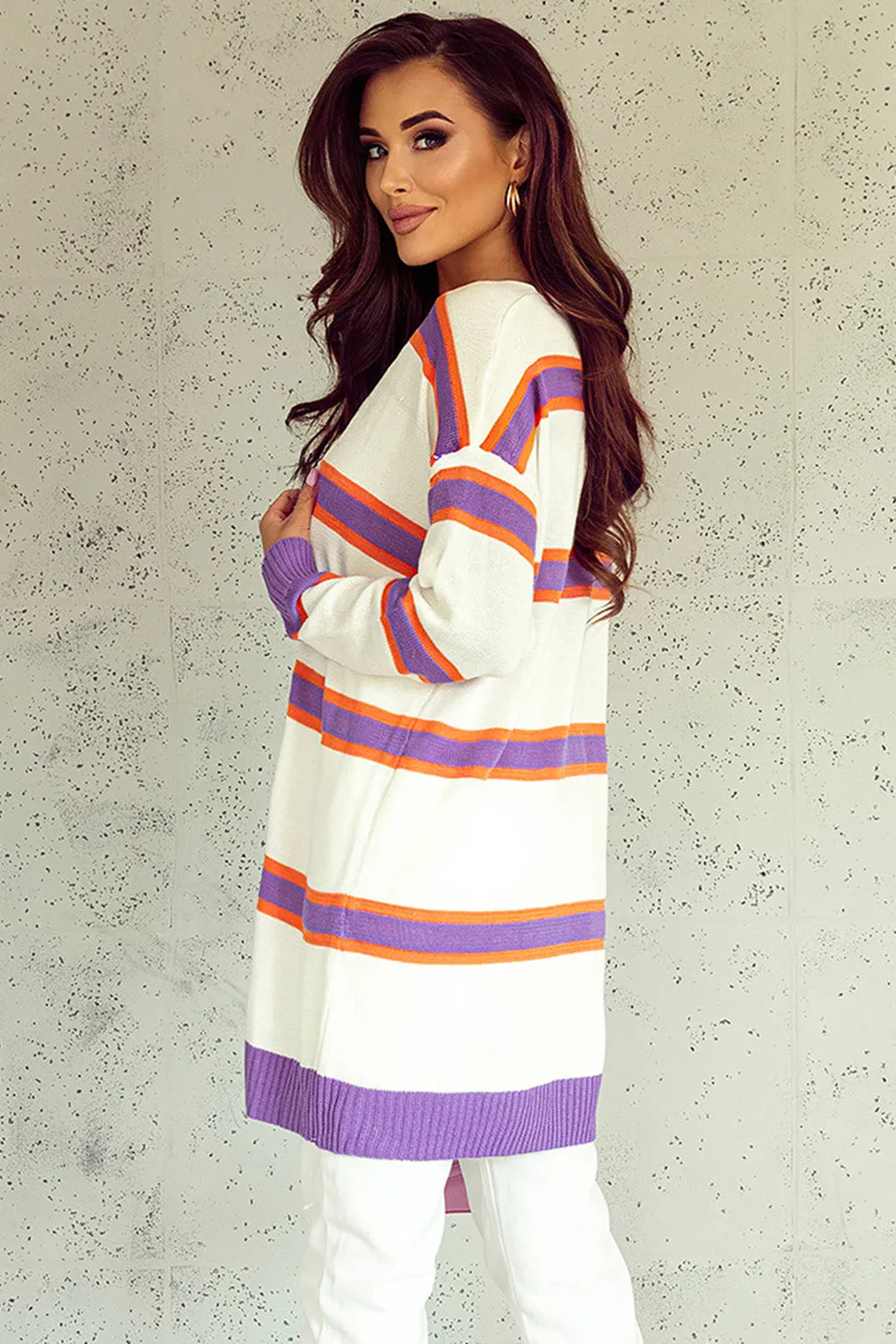 Striped Ribbed Trim Button Cardigan