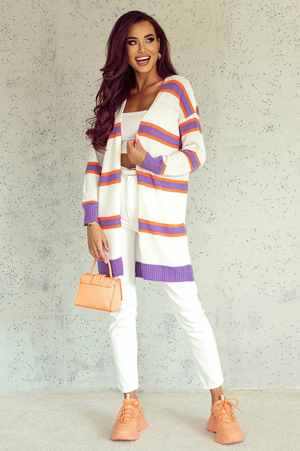 Striped Ribbed Trim Button Cardigan
