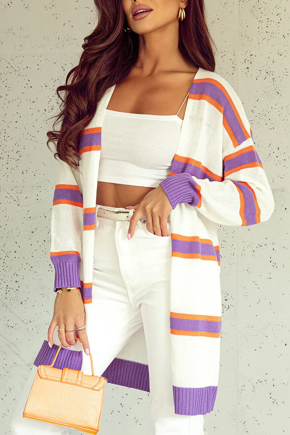 Striped Ribbed Trim Button Cardigan