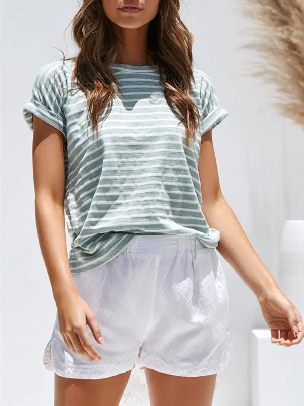 Striped Round Neck Short Sleeve Loose Cotton T-shirt