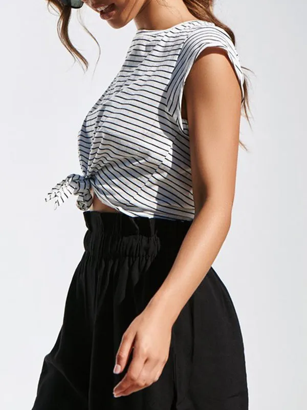 Striped Round Neck Short Sleeve Loose Cotton T-shirt
