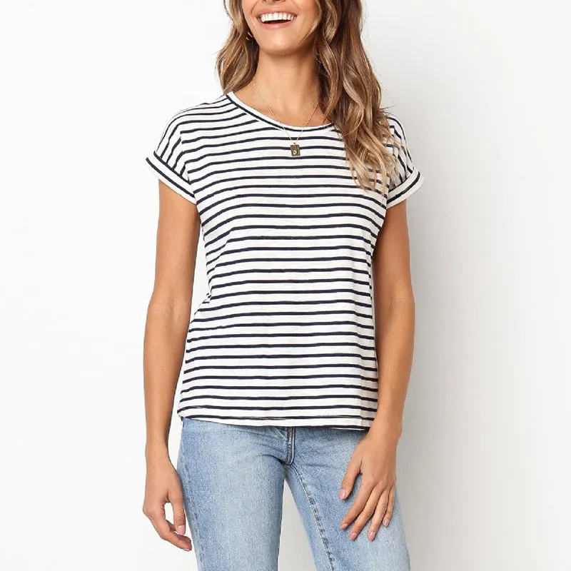 Striped Round Neck Short Sleeve Loose Cotton T-shirt