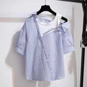 Striped Strapless Shirt Short Pants Two piece Set UB6306