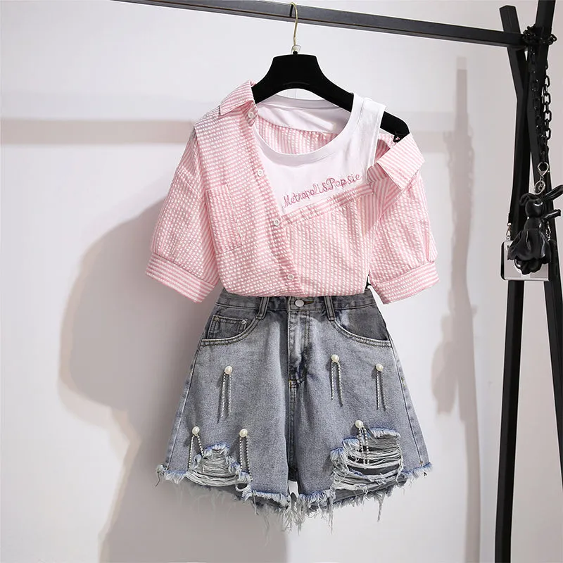 Striped Strapless Shirt Short Pants Two piece Set UB6306