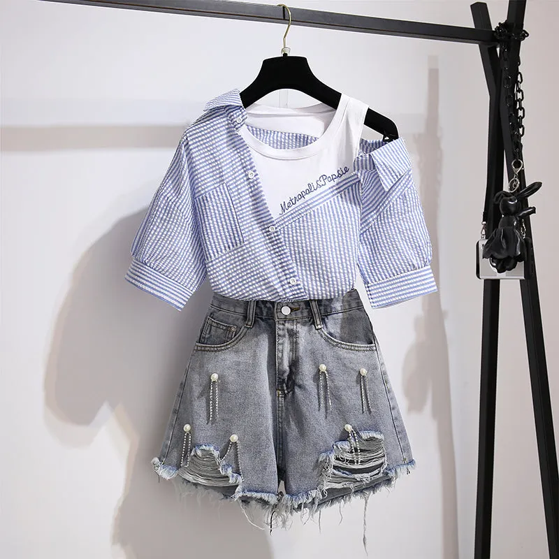 Striped Strapless Shirt Short Pants Two piece Set UB6306