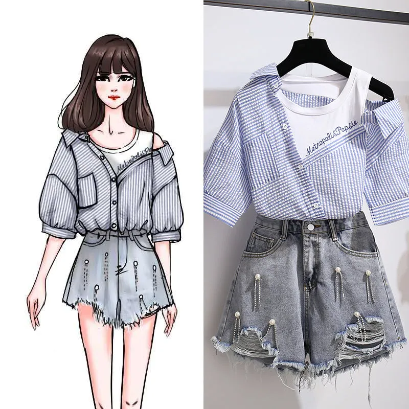Striped Strapless Shirt Short Pants Two piece Set UB6306
