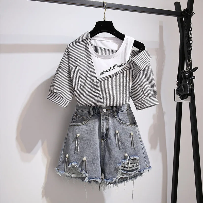 Striped Strapless Shirt Short Pants Two piece Set UB6306
