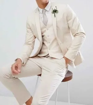 Stylish Cream Designer Three-Piece Suit for Men | Slim Fit Wedding, Engagement, Prom, & Party Wear