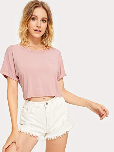 SweatyRocks Women's Cute Round Neck Tee Short Sleeve Soild Basic Crop Top T-Shirt Black L