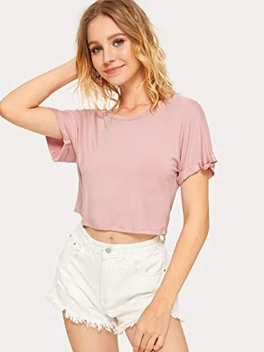 SweatyRocks Women's Cute Round Neck Tee Short Sleeve Soild Basic Crop Top T-Shirt Black L