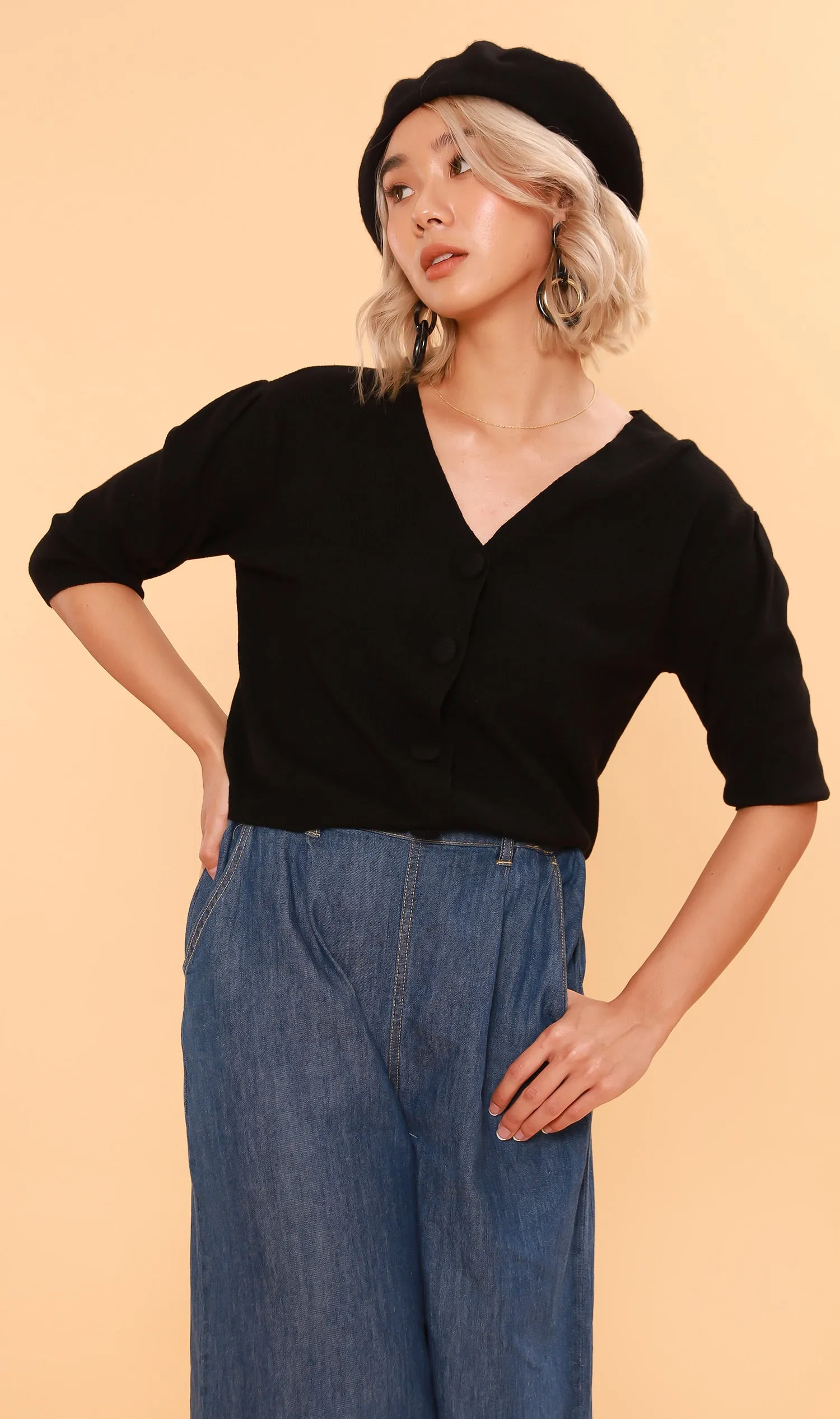 SYLVIE Knit Button-Down Cardi (Black)