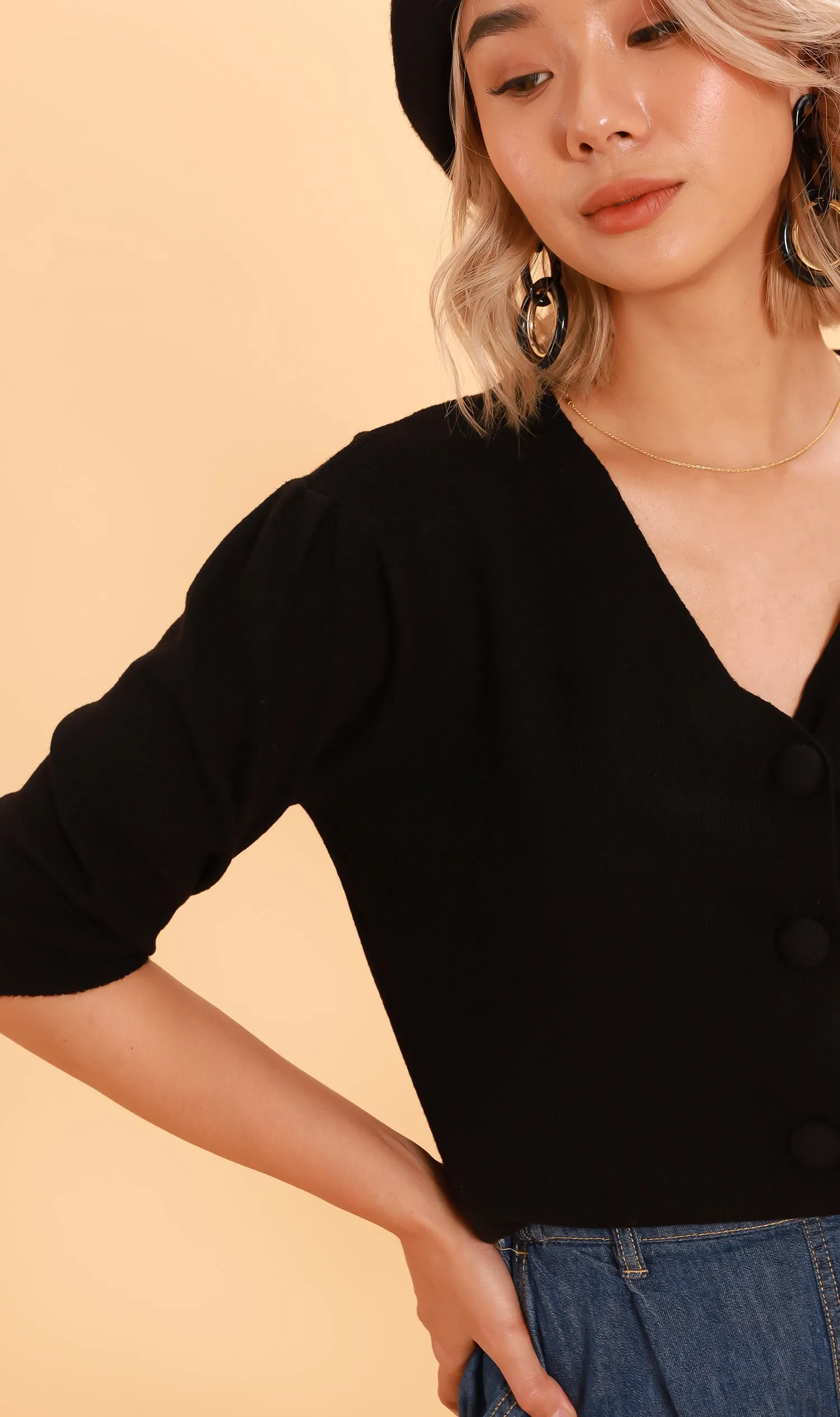 SYLVIE Knit Button-Down Cardi (Black)
