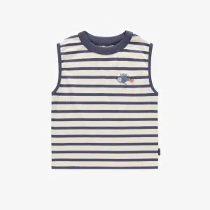T-shirt sans manche crème et marin ligné en coton, enfant || Striped cream and navy sleeveless t-shirt in cotton, child