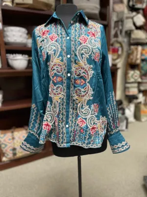 Tara Embroidered Button Down Top in Teal
